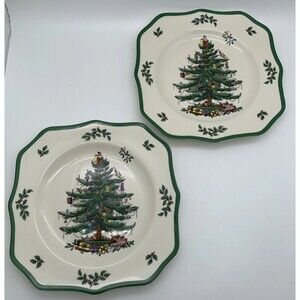 Set Of 2 Spode Christmas Tree Square Scalloped Dinner Plates 10.5 inch NOS
